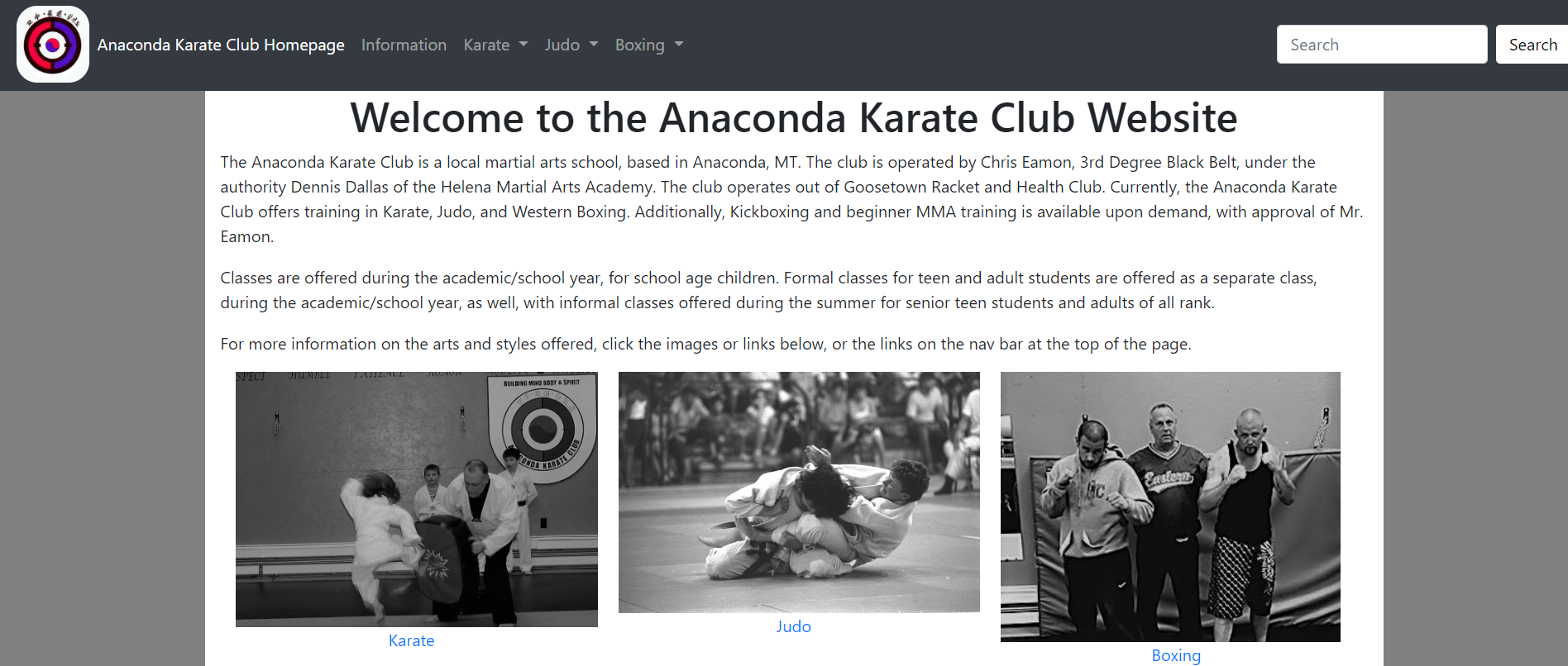 Image of the Anaconda Karate Club website